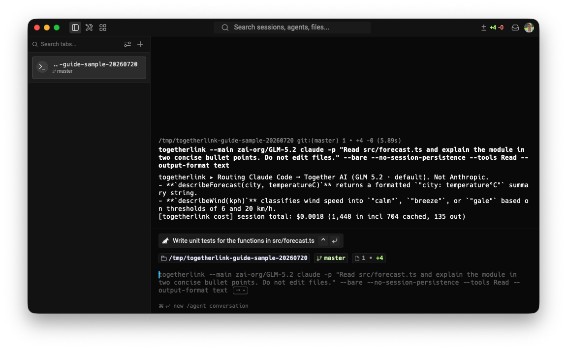 Real Warp terminal running TogetherLink with Claude Code and GLM 5.2 in a TypeScript sample repository